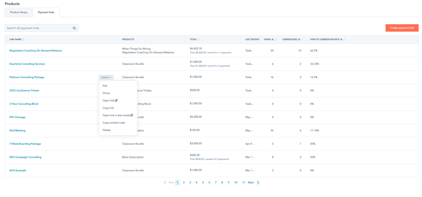 payment links dashboard - actions button clicked