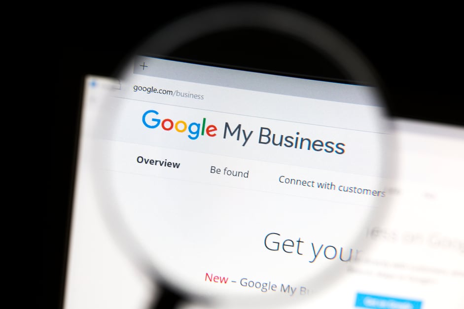 Web browser open on Google My Business with a magnifying glass