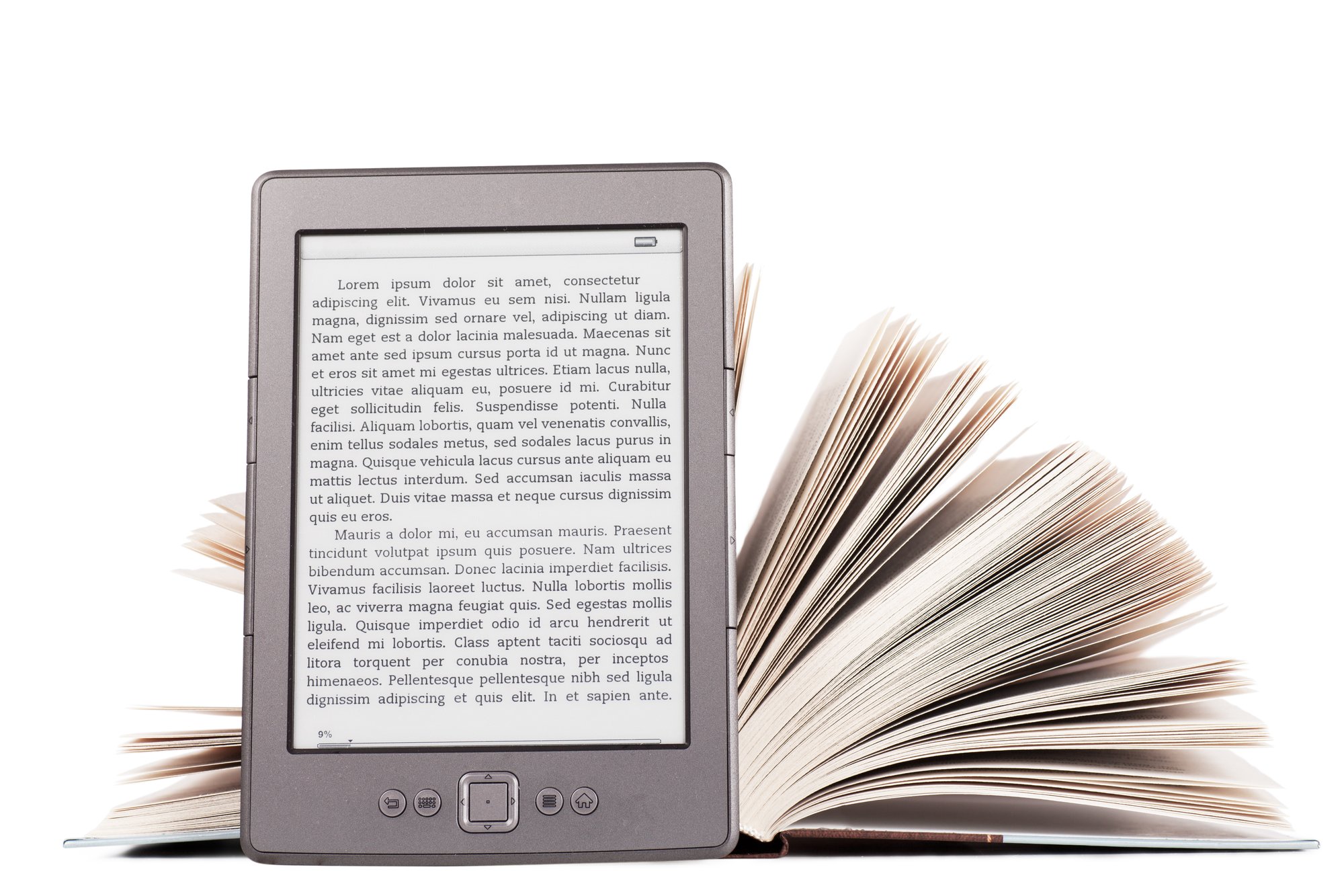 An E-Reader in front of a paper book, what is an ebook and how does it work concept. 