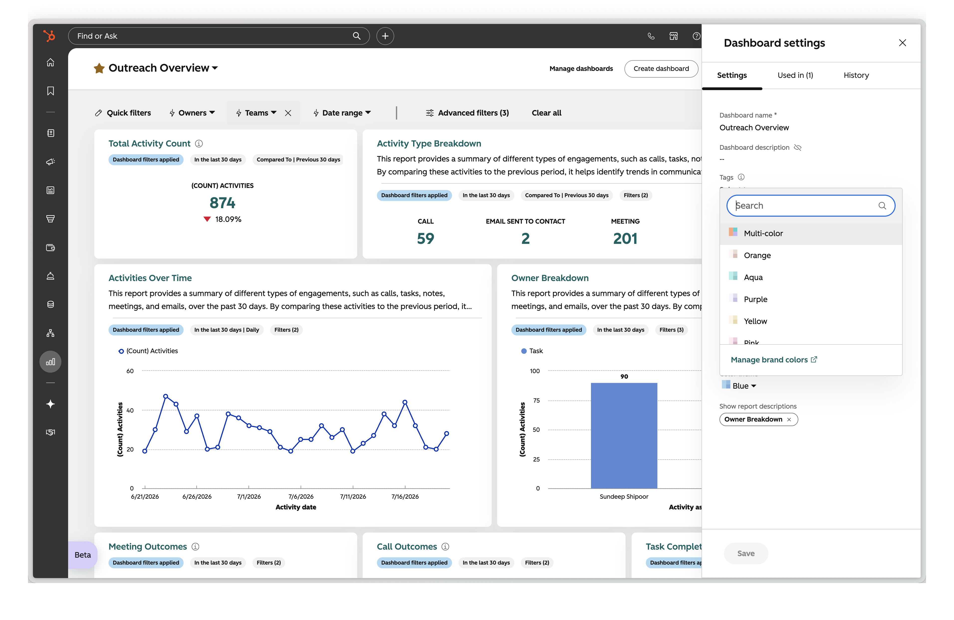 HubSpot dashboard color themes