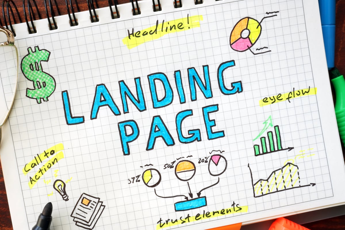 Landing page written in a notebook. SEO concept.