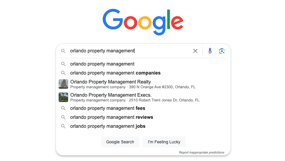 Google suggested search terms, keywords for property management.