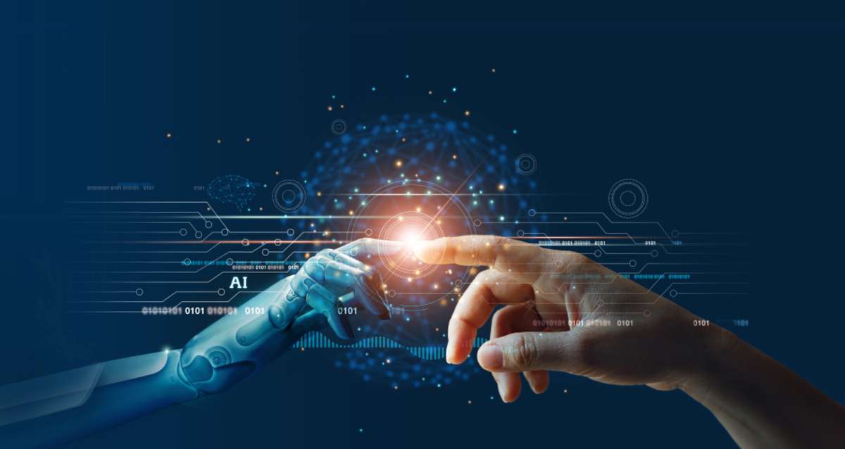 AI, Machine learning, Hands of robot and human touching on big data network connection