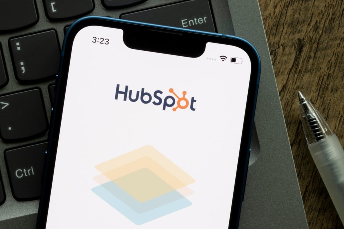 Closeup of the HubSpot logo seen on its mobile app login page on an iPhone-1