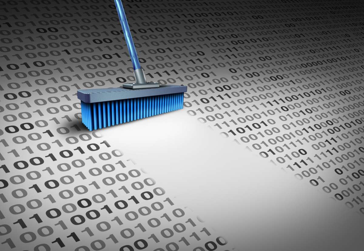 Deleting data technology concept as a broom wiping clean binary code as an internet security symbol or to delete an email and clean a hard drive server with 3D illustration elements