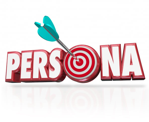 Persona word in red 3D letters with arrow and bullseye, target persona concept. 