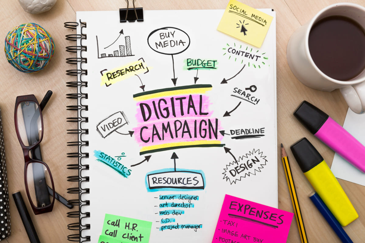 Digital campaign written on a notepad, SEO content concept