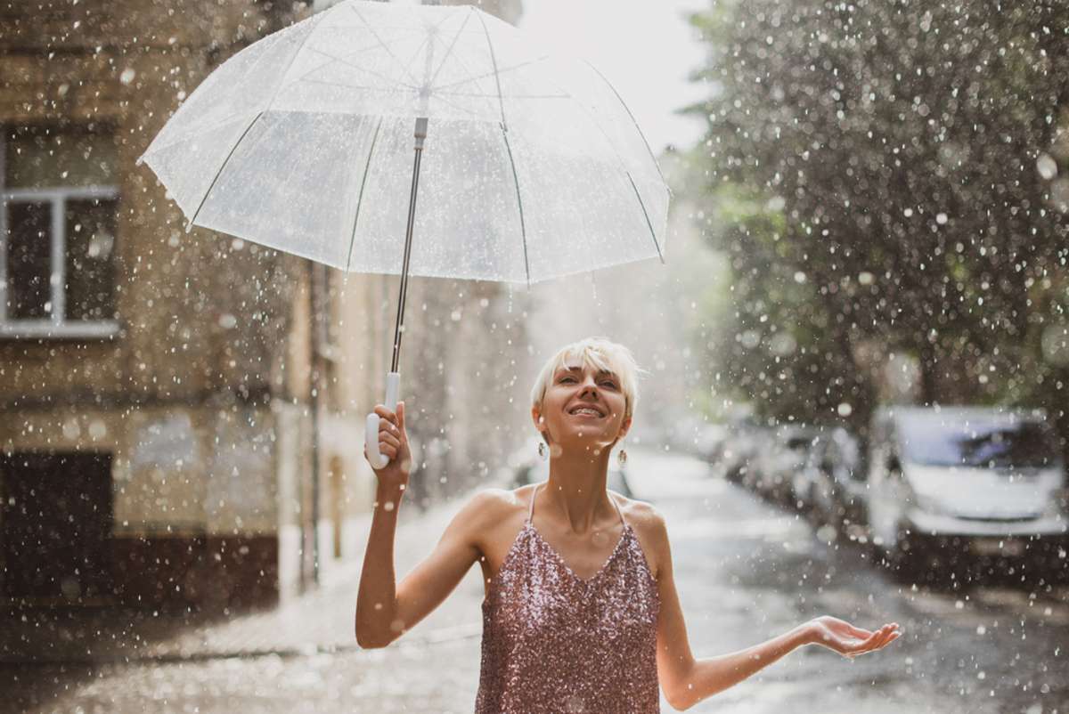 Happy woman enjoying rainfall, more website traffic concept