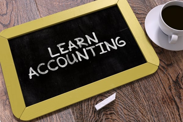 Learn Accounting. Inspirational Quote Handwritten by white Chalk on a Blackboard. Composition with Small Yellow Chalkboard and Cup of Coffee. Top View.