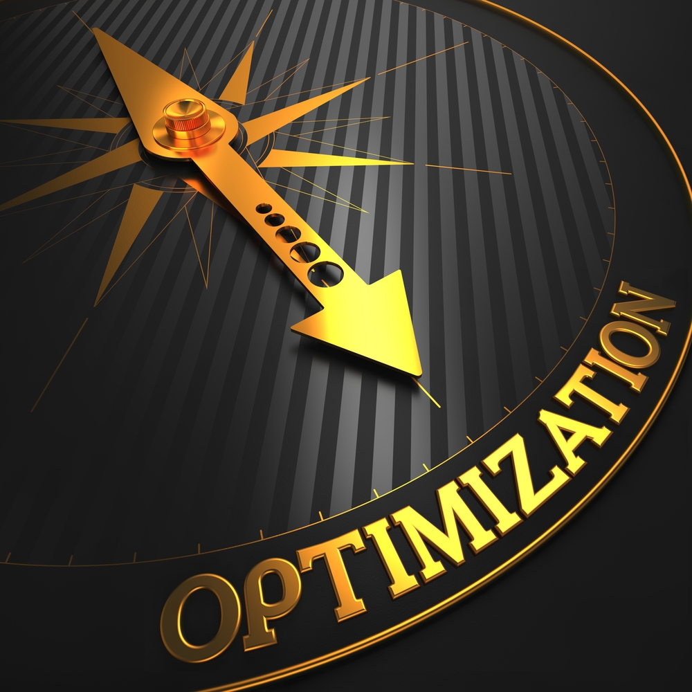 Optimization - Business Concept. Golden Compass Needle on a Black Field Pointing to the Word Optimization. 3D Render.-1