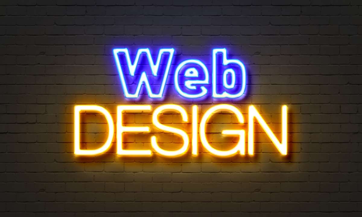 Web design neon sign on brick wall background