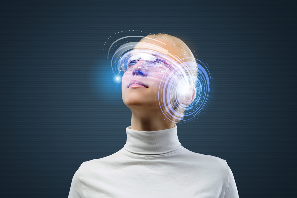 Young woman in white with hologram round head