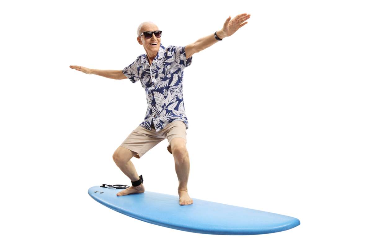 old man rides a surfboard, property management marketing success concept