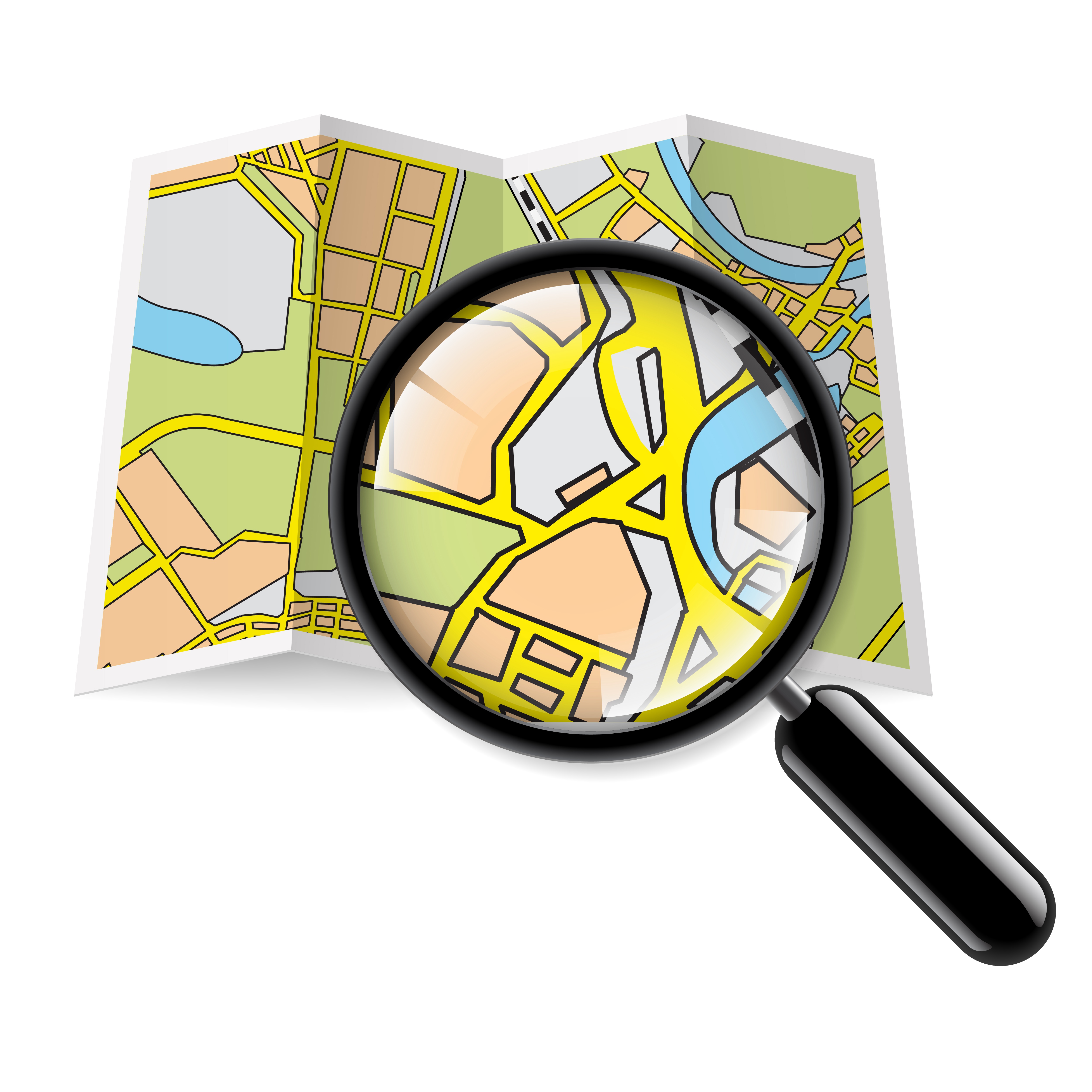 paper brochure map with magnifying glass