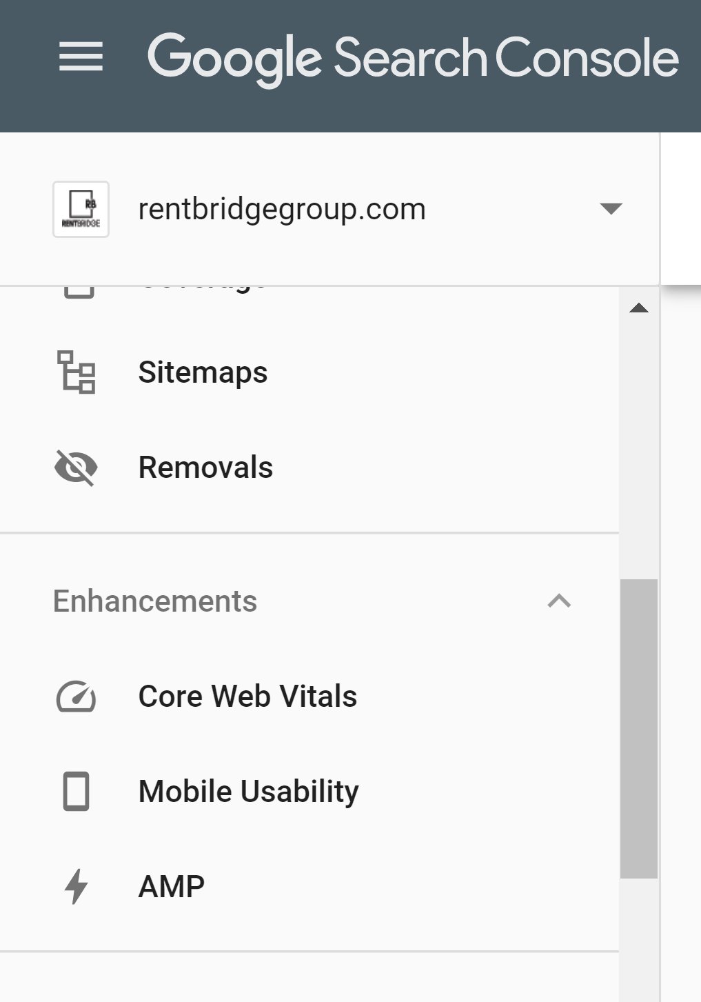 Google Search Console panel showing enhancements