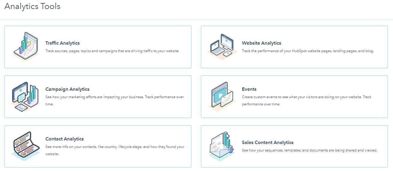 HubSpot analytics report selector dashboard.