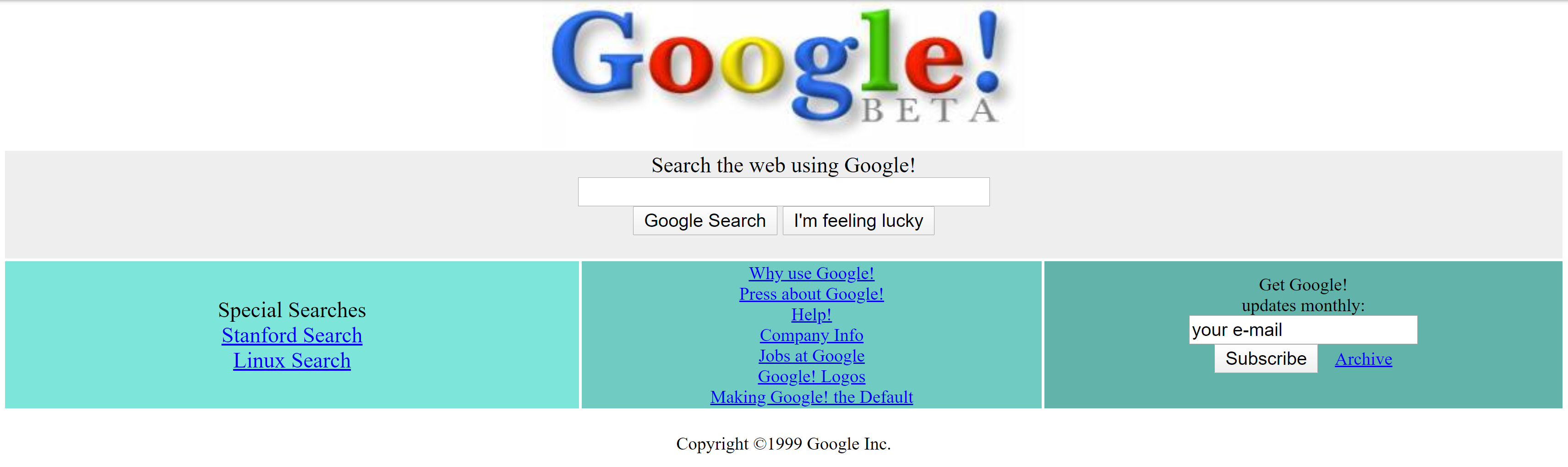 Screen shot from the Wayback machine showing early Google design