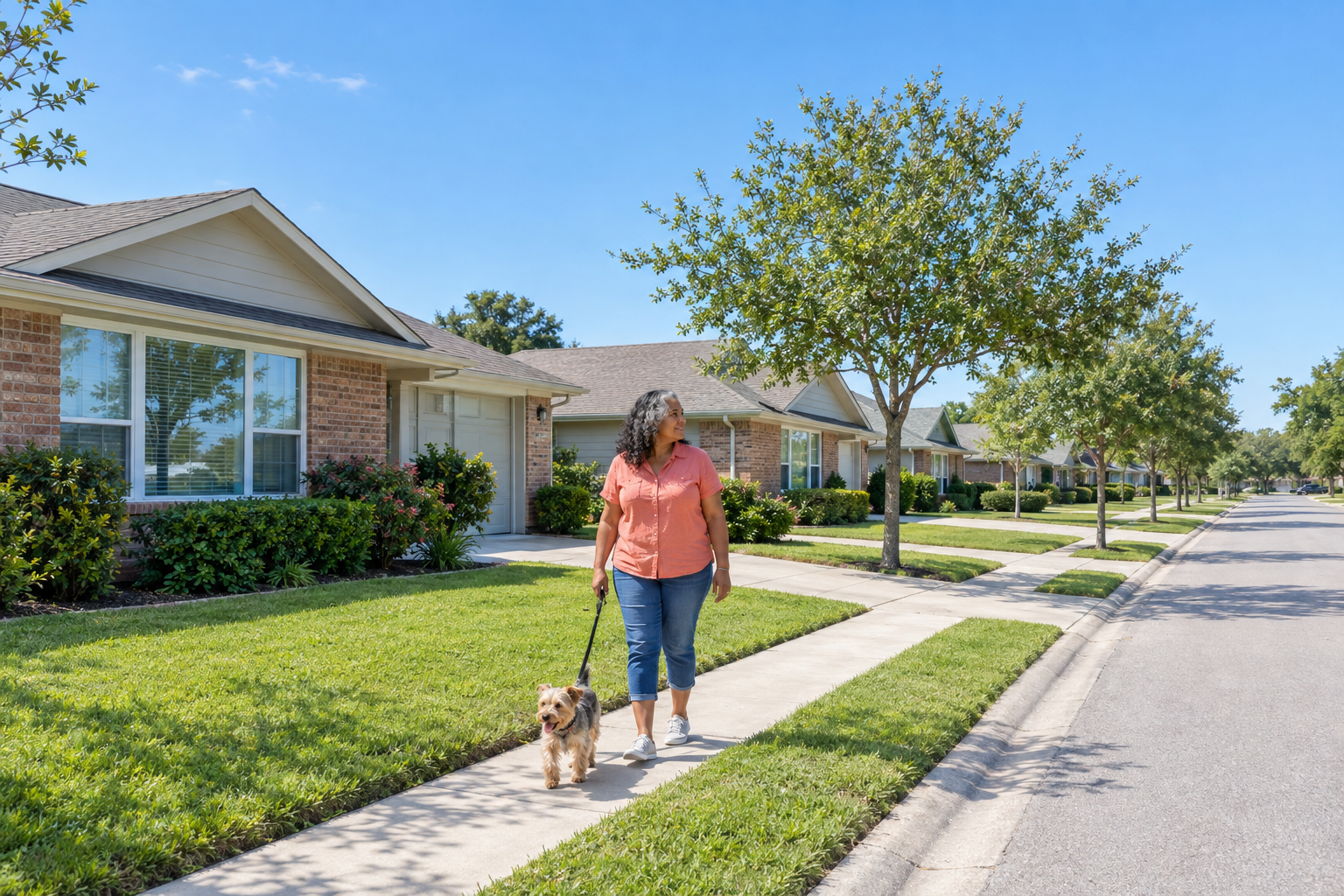 Wide exterior shot of a street of single-family rental homes